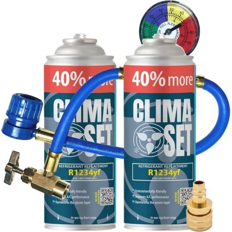 ClimaSet (2xR1234yf Kältemittel Ersatzgas) für Autos ab 2017 + Füllschlauch und Adapter