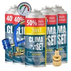 ClimaSet (3in1 R1234yf Kältemittel Ersatzgas + 4x R1234yf Kältemittel Ersatzgas) für Autos ab 2017 + Füllschlauch und Adapter