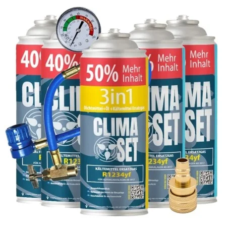 ClimaSet (3in1 R1234yf Kältemittel Ersatzgas + 4x R1234yf Kältemittel Ersatzgas) für Autos ab 2017 + Füllschlauch und Adapter