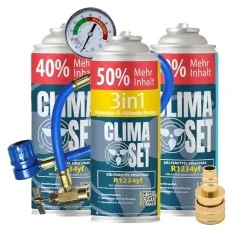 ClimaSet (3in1 R1234yf Kältemittel Ersatzgas + 2x R1234yf Kältemittel Ersatzgas) für Autos ab 2017 + Füllschlauch und Adapter
