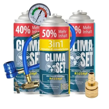 ClimaSet (3in1 R1234yf Kältemittel Ersatzgas + 2x R1234yf Kältemittel Ersatzgas) für Autos ab 2017 + Füllschlauch und Adapter