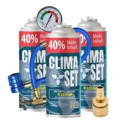 ClimaSet (3xR1234yf Kältemittel Ersatzgas) für Autos ab 2017 + Füllschlauch und Adapter