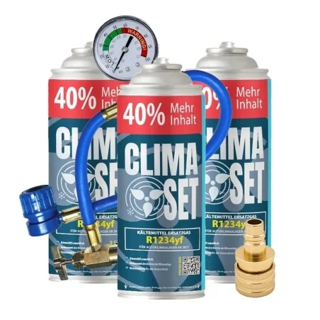 ClimaSet (3xR1234yf Kältemittel Ersatzgas) für Autos ab 2017 + Füllschlauch und Adapter