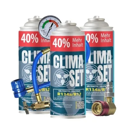 ClimaSet (3xR134a/R12 Kältemittel Ersatzgas) + Füllschlauch + R134a Schnellkupplung
