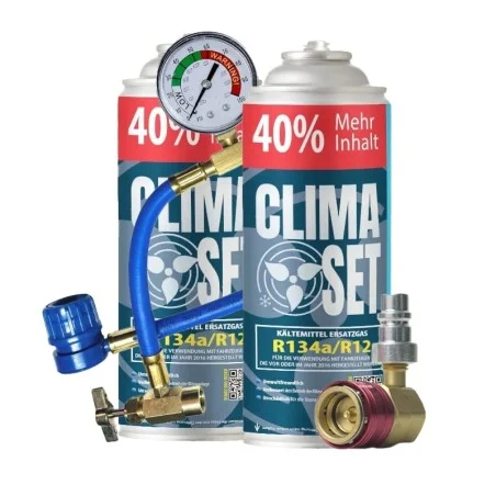 ClimaSet (2xR134a/R12 Kältemittel Ersatzgas) + Füllschlauch + R134a Schnellkupplung