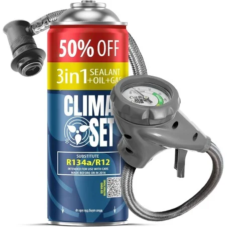 CLIMASET PRO Line Set – Füllschlauch mit Manometer + R134a Ersatzgas für Kfz-Klimaanlagen