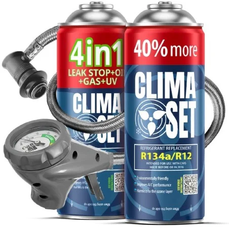 CLIMASET PRO Line Set – Füllschlauch mit Manometer + R134a Ersatzgas für Kfz-Klimaanlagen