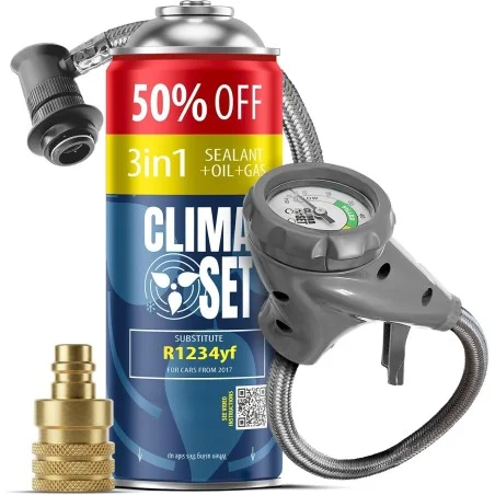 CLIMA SET 3in1 R1234yf – Kältemittelersatzgas Set mit modernem Füllschlauch mit Manometer und YF-Adapter