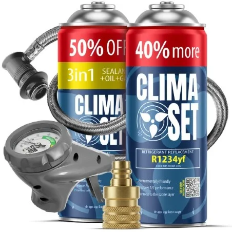 Clima Set Kältemittel 3in1 R1234yf + Ersatzgas & Öl R1234yf + Füllschlauch mit Manometer + YF Adapter