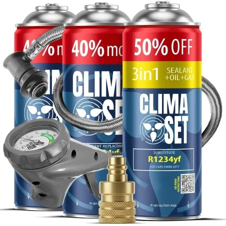 Clima Set Kältemittel Ersatzgas 3in1 R1234yf + 2× Ersatzgas & Öl R1234yf + Füllschlauch mit Manometer + YF Adapter